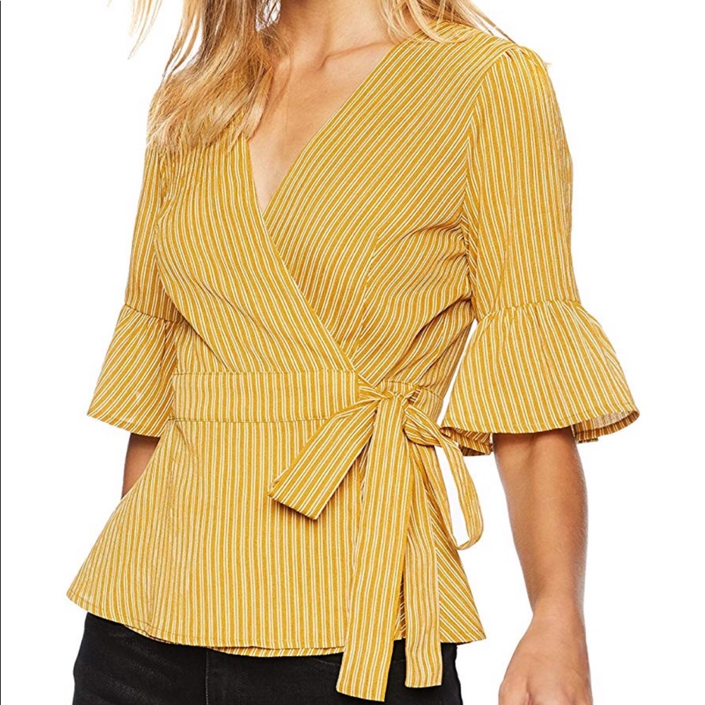 J.O.A. Yellow W/White Pin Stripe Ruffle Wrap Top